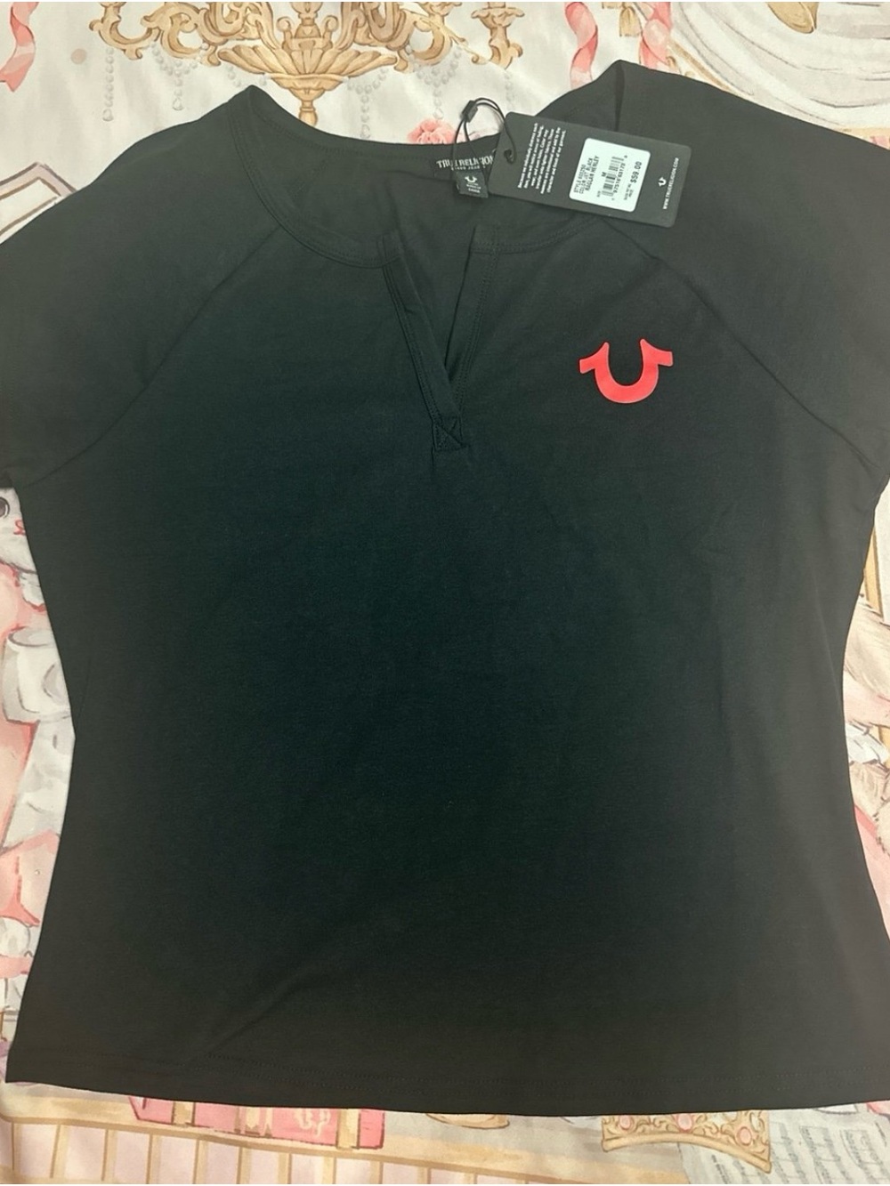 True Religion Black Tee with Red Horseshoe Chest Logo